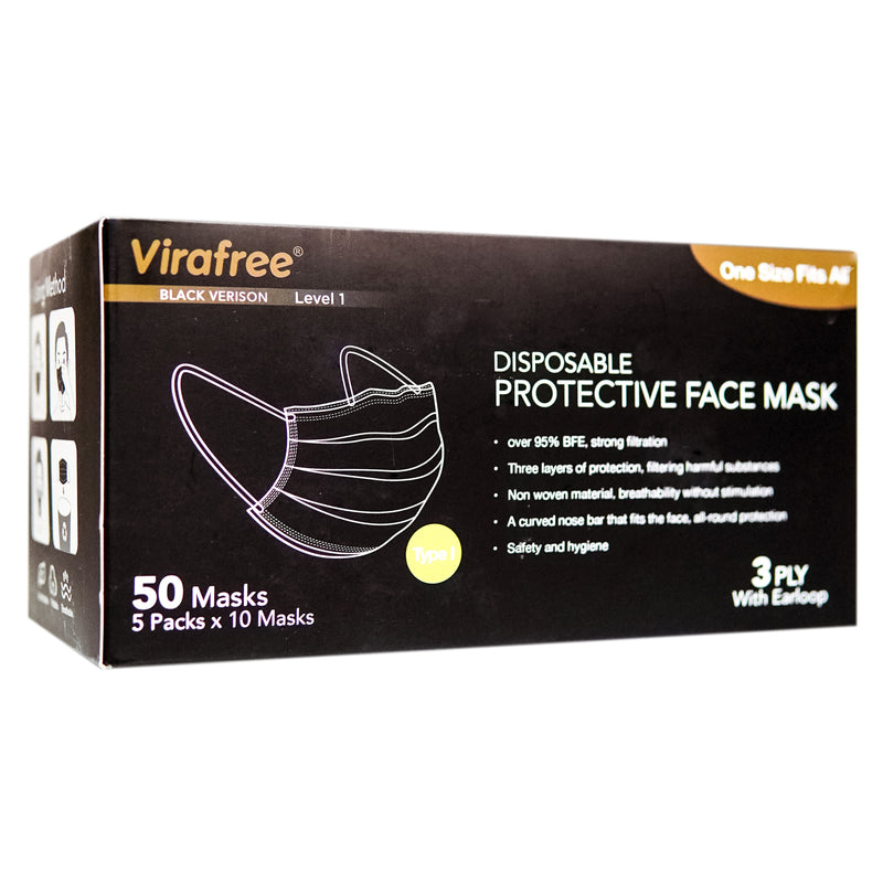 Disposable Black 3Ply Face Mask - 50PC BOX